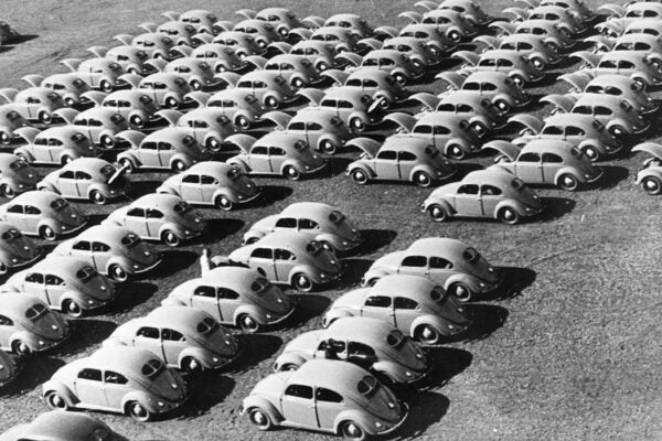 Rows of Volkswagen Beetle cars at a German Volkswagen plant, circa 1950.