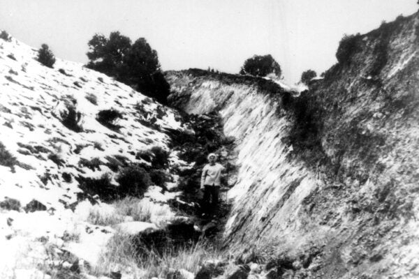 A photograph by Hugo Benioff of the fault scarp near Fairview Peak, Nevada resulting from a December 16, 1954 earthquake.