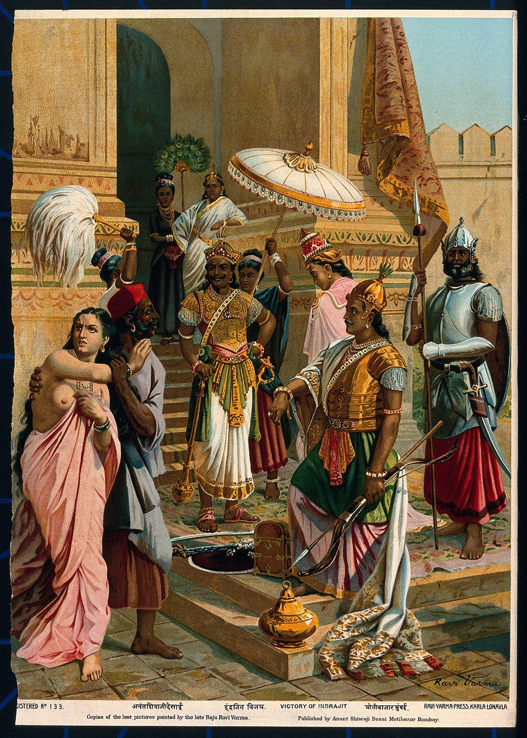Victory of Indrajit. Chromolithograph by Ravi Varma