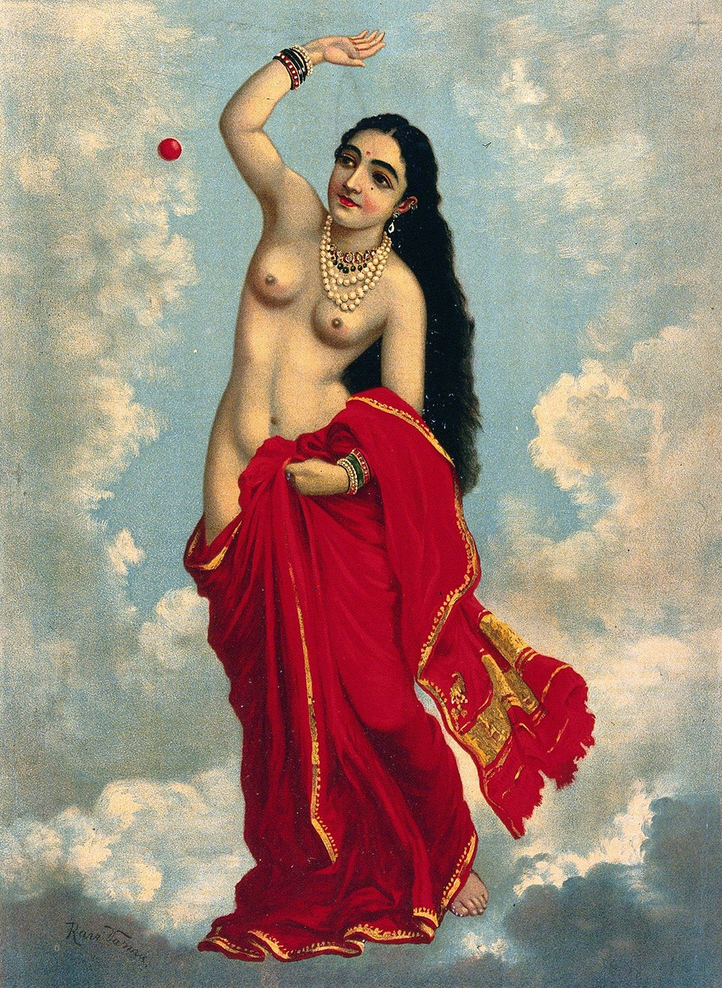 Half-clothed Tilottama flying in the sky playing with a red ball. Chromolithograph by Ravi Varma