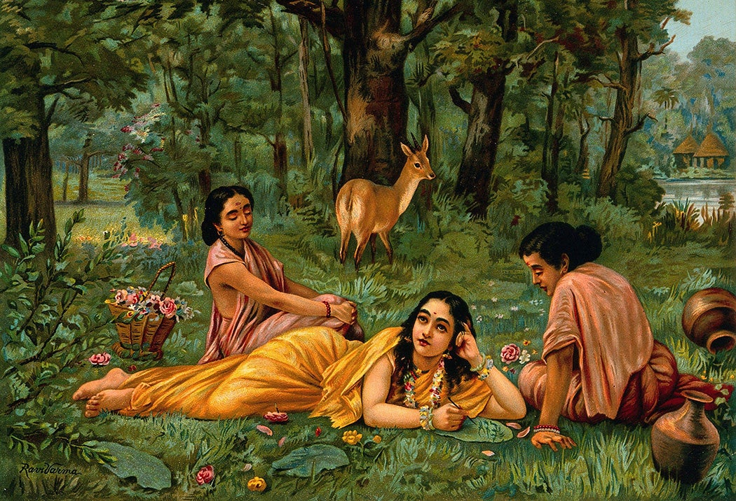 Sakuntalā writing a letter on a leaf in a daydream with two others. Chromolithograph by Ravi Varma