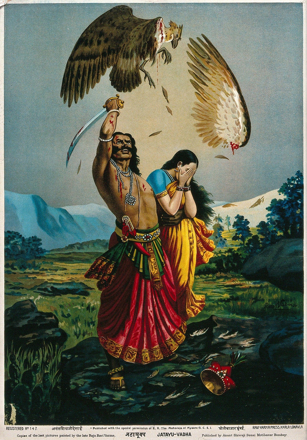 Ravana slaughtering Jatayu the vulture, while an abducted Sita looks away in horror. Chromolithograph by Ravi Varma