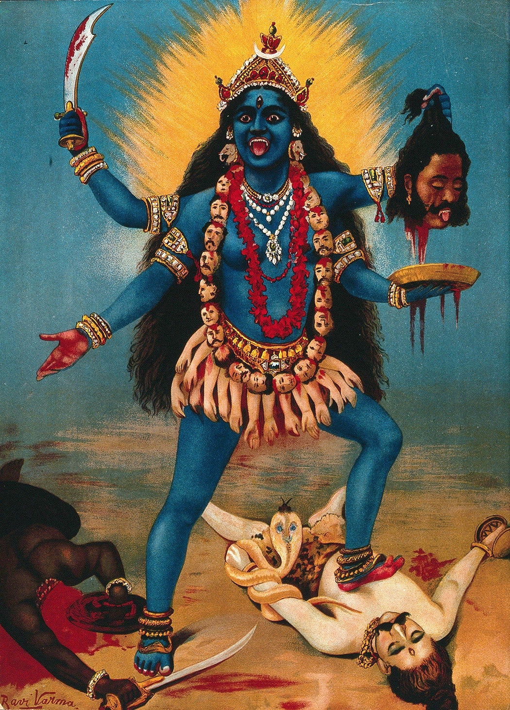 Kali brandishes a sword and a severed head in two of her four arms as she tramples her consort Shiva underfoot in a display of her dominance