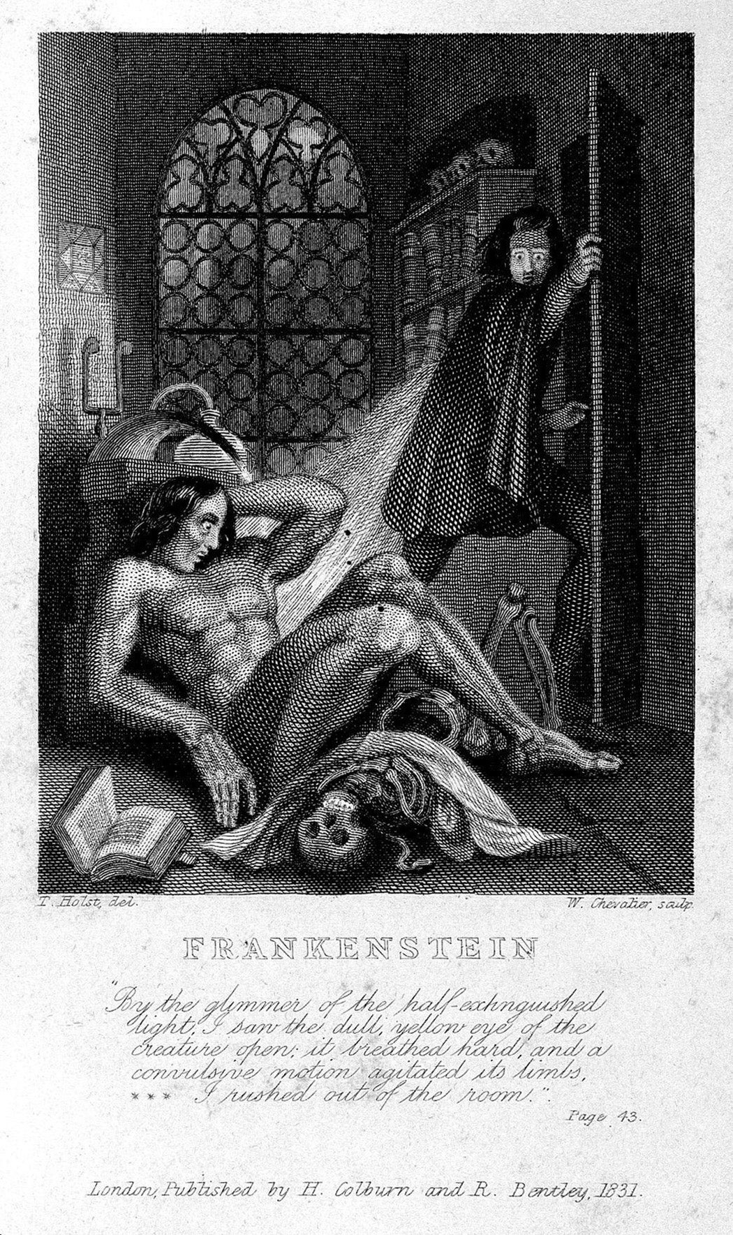 Victor Frankenstein observing the first stirrings of his creature. Engraving by W. Chevalier after Theodor von Holst, 1831. Wellcome Collection.