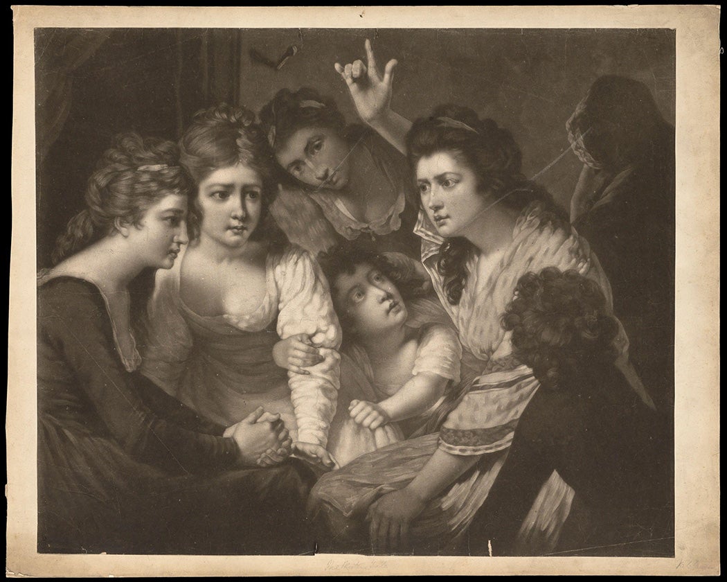 A lady telling a gripping story to young women and children. Mezzotint by Valentine Green after John Opie, 1785. Wellcome Collection.
