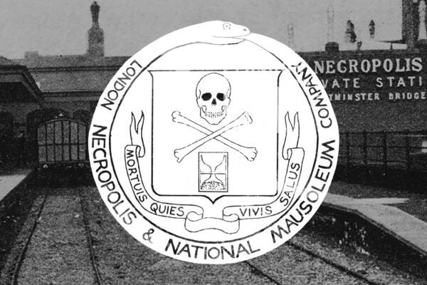 The seal for the London Necropolis Railway over an image of the railway station of the London Necropolis Company, at Waterloo.