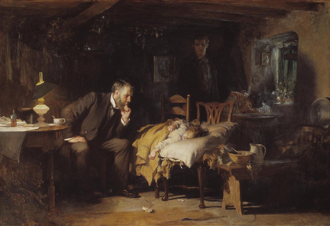 Color reproduction of Sir Luke Fildes’ The Doctor showing a bearded physician seated beside a child lying in bed while two adults wait behind them in a dim room.