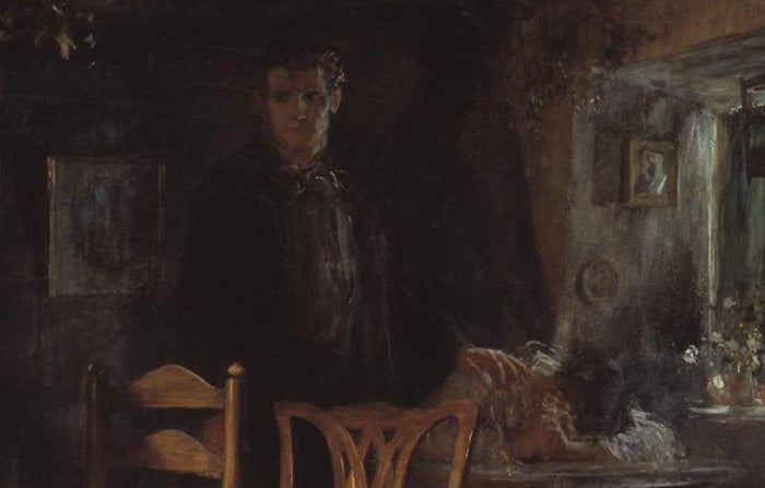 Detail of Sir Luke Fildes’ The Doctor showing a man with one hand on a woman’s shoulder as she rests her head on her folded arms at a table.