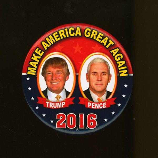 "Make America Great Again/Trump/Pence/2016" yellow, red, white, and blue jugate button.