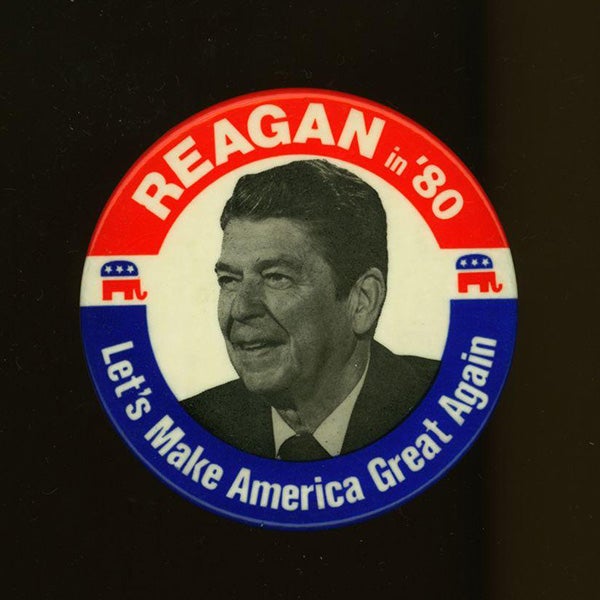 "Reagan in '80/Let's Make America Great Again" red, white, and blue portrait button.