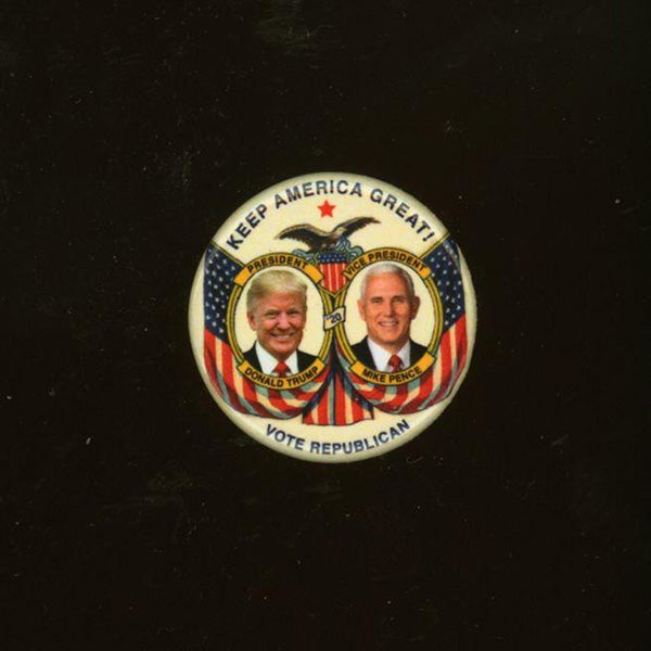 "Keep America Great!/President Donald Trump/Vice-President Mike Pence/Vote Republican" gold, red, white, and blue jugate button.