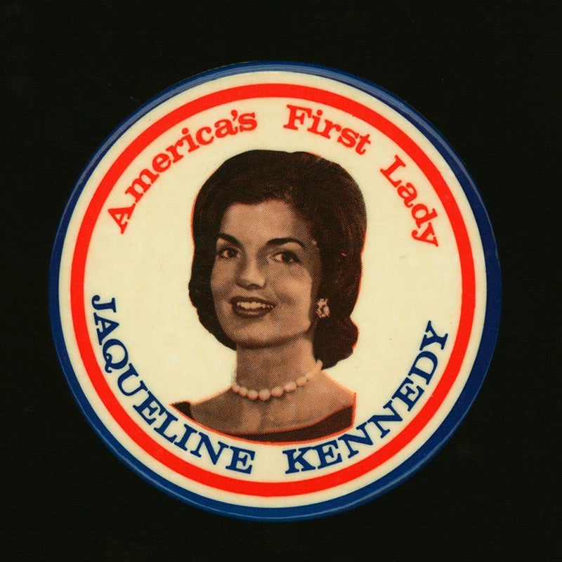 "America's First Lady / Jaqueline [sic] Kennedy" red, white, and blue portrait button.