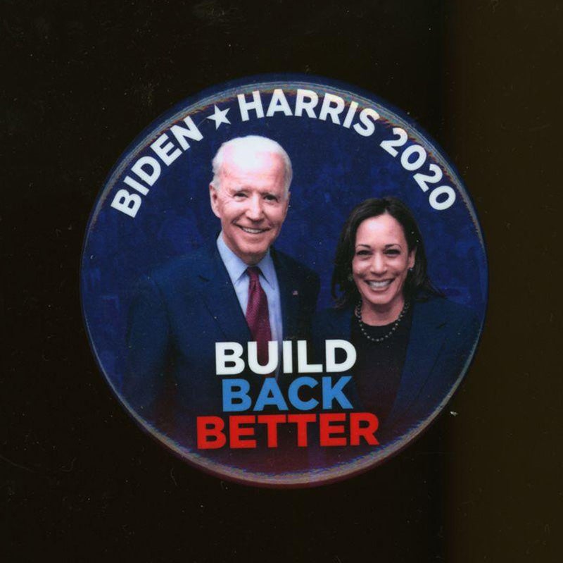 "Biden - Harris 2020/Build Back Better" red, white, and blue jugate button.