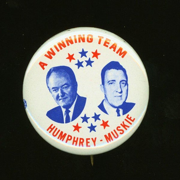 "A Winning Team / Humphrey - Muskie" red, white, and blue jugate button with stars.