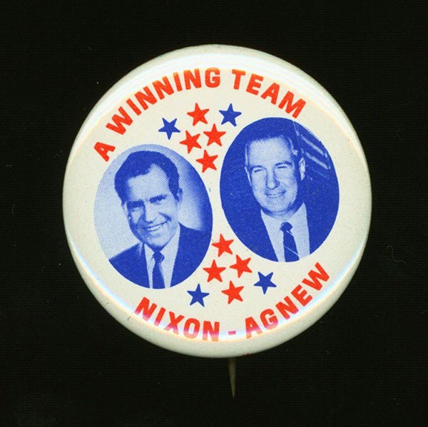 "A Winning Team / Nixon - Agnew" red, white, and blue jugate button with stars motif.
