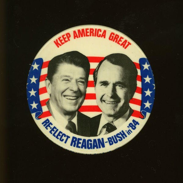 "Keep America Great/Re-Elect Reagan-Bush in '84" red, white, and blue jugate button.