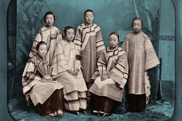 Colorized image of courtesans in Shanghai ca. 1875